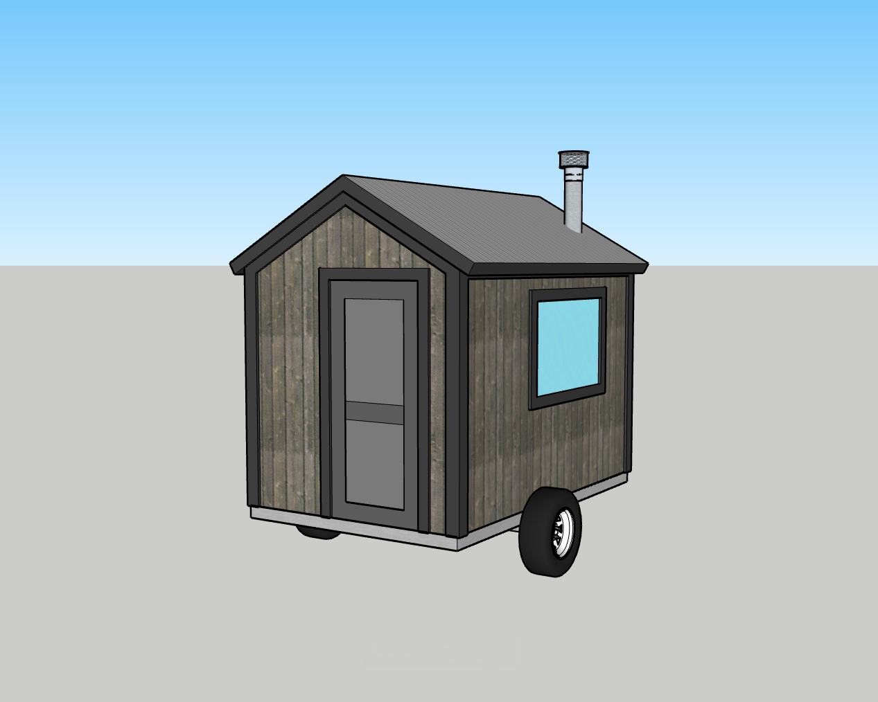 Minnesota Mobile & Stationary Sauna Plans – 10′ x 6′ 5″ 2 3D model rendering of a 10x77 DIY mobile sauna built on a trailer chassis with wood siding and a steel roof chimney.